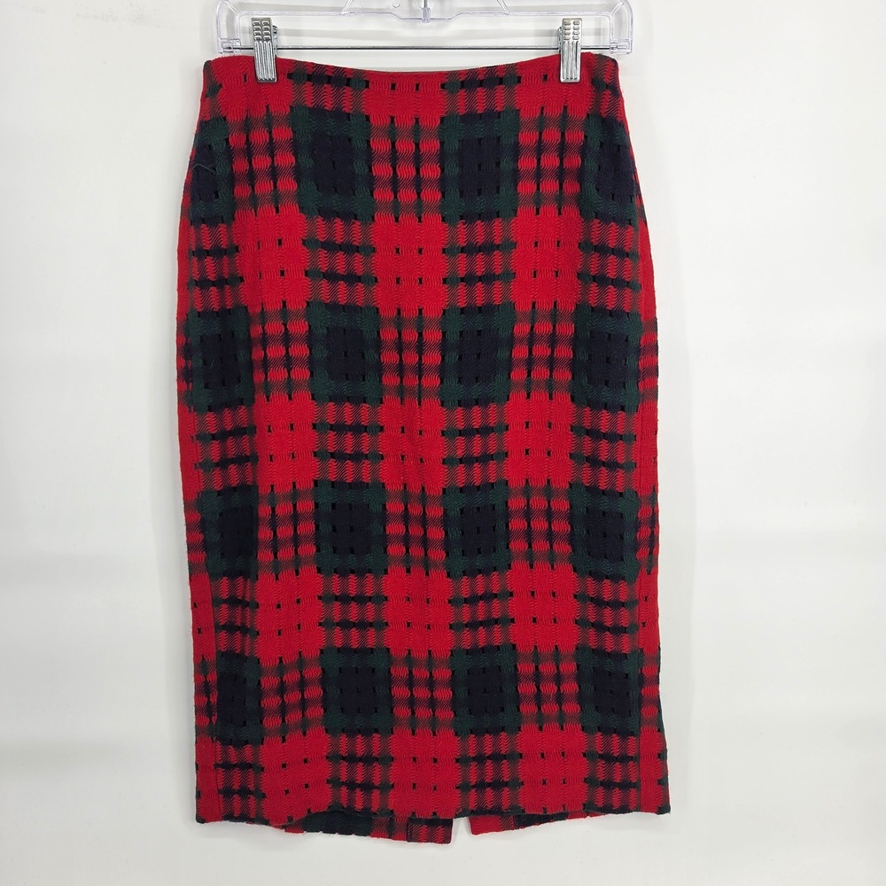 J.Crew Pencil Skirt 6 Red Plaid Academic Preppy Wool Blend Textured Fall Winter